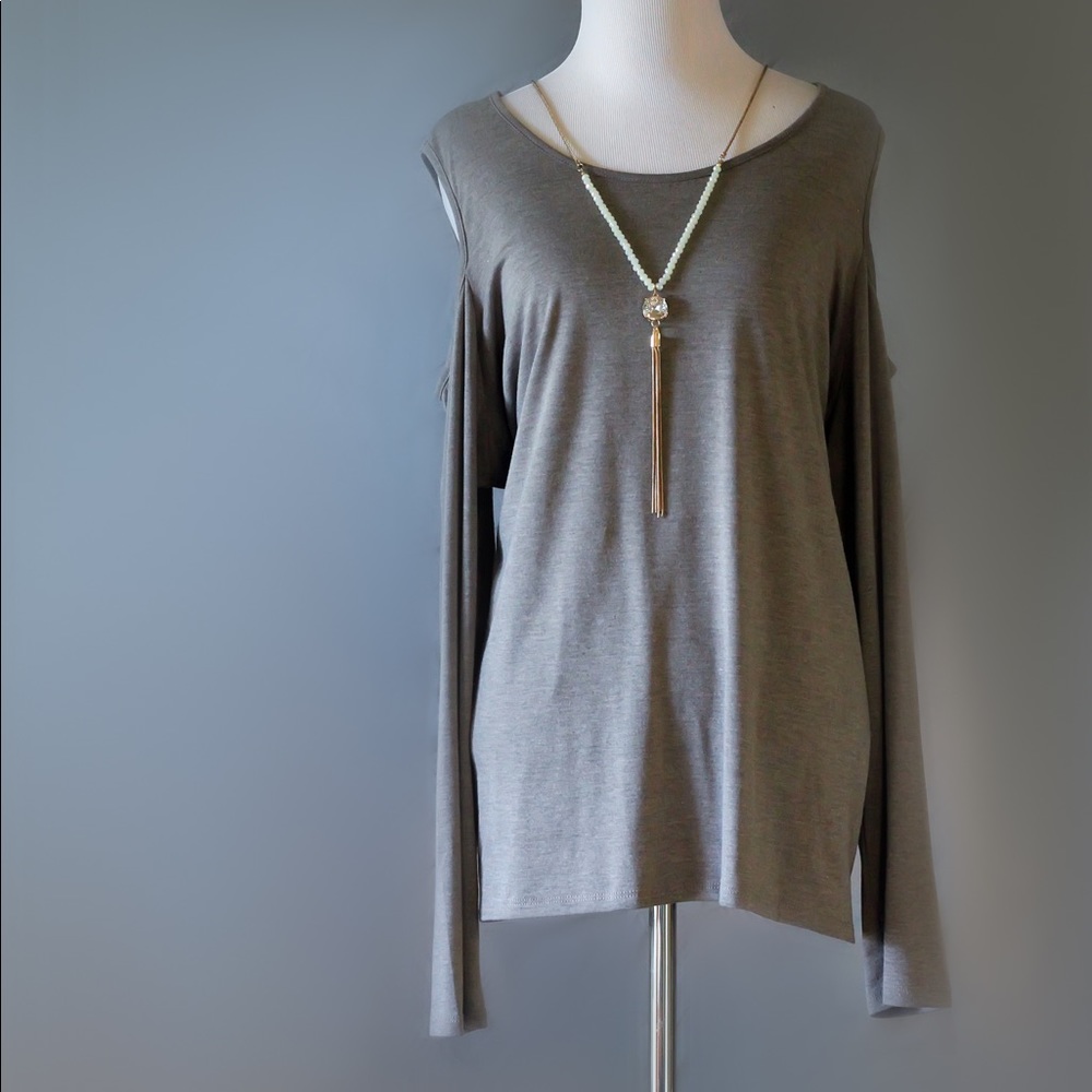Light Brown/Tan shirt w shoulder cut out